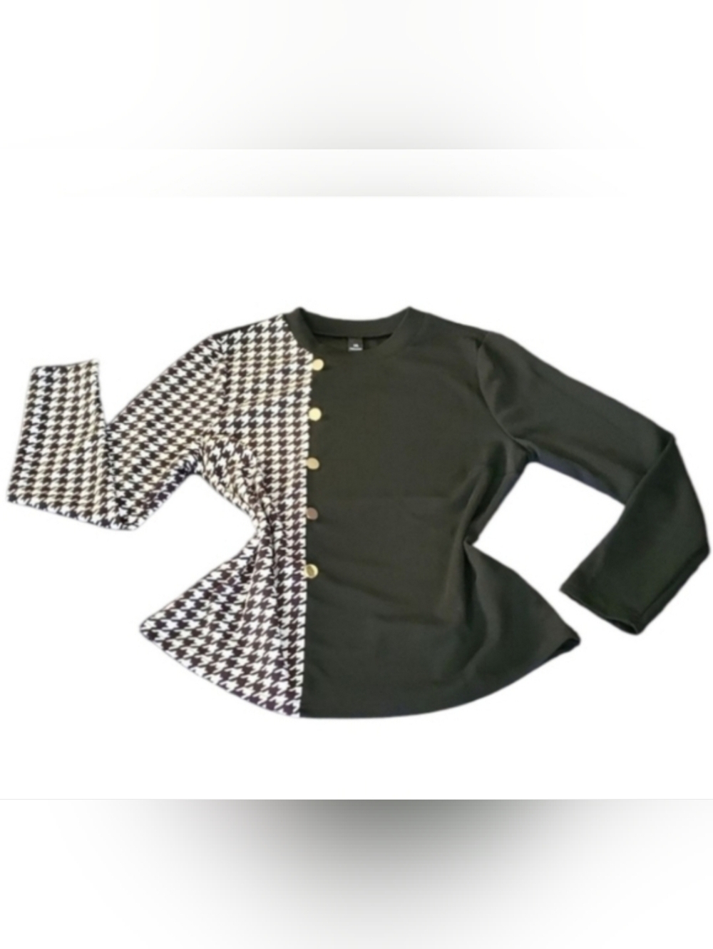 Black and White Houndstooth Blouse with Gold Buttons
